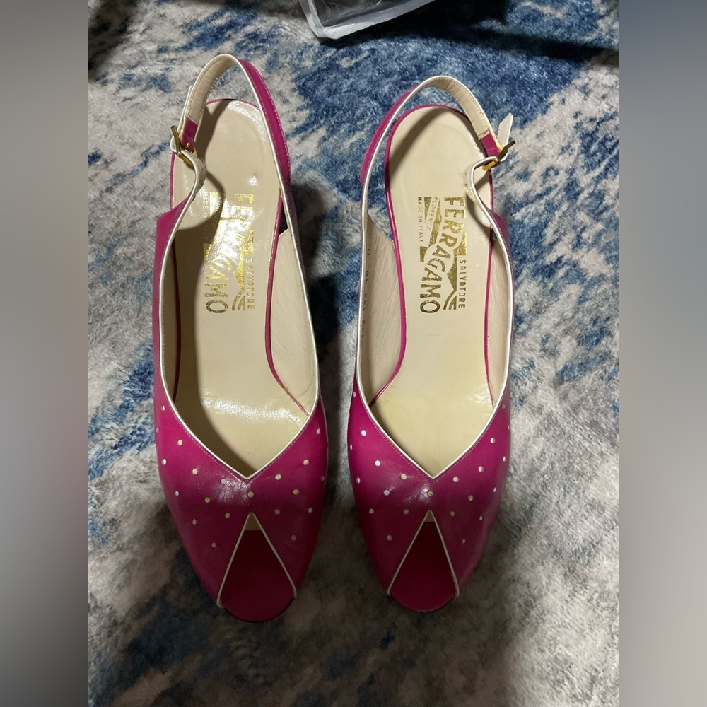 Salvatore Ferragamo Fuchsia Leather Slingback Mules with Cream Trim